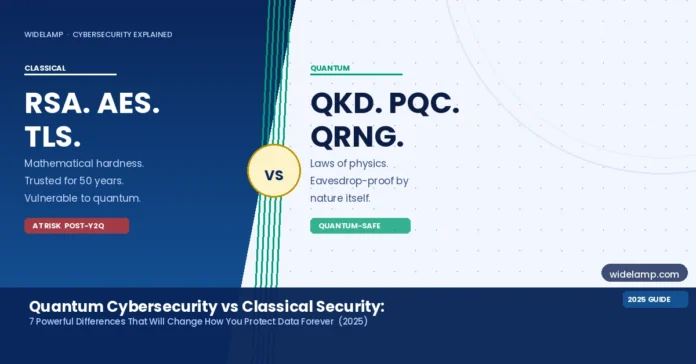 featured-quantum-cybersecurity-vs-classical quantum cryptography vs classical cryptography split comparison editorial cover