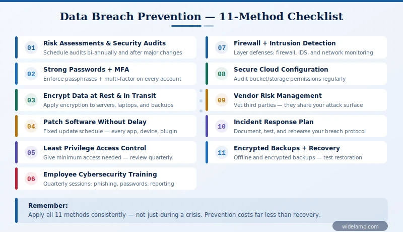Data Breach Prevention: 11 Proven Methods to Protect Your Company 14 Data breach prevention, step by step checklist diagram