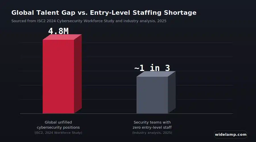 How Hard Is It Actually to Get Hired in Cybersecurity? 1 Getting hired in cybersecurity — chart comparing the global talent gap to the entry-level staffing shortage