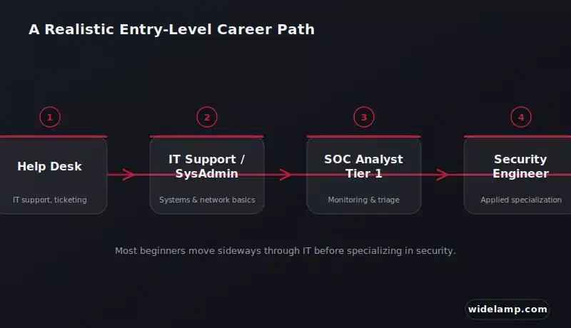 How Hard Is It Actually to Get Hired in Cybersecurity? 2 Getting hired in cybersecurity — flow diagram of a realistic entry-level career path
