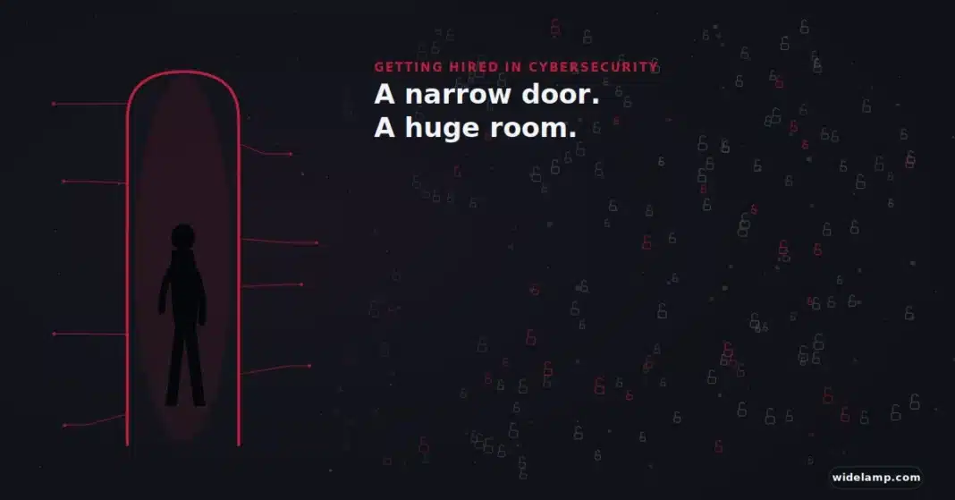 How Hard Is It Actually to Get Hired in Cybersecurity? Getting hired in cybersecurity narrow doorway opening into a large field of opportunity